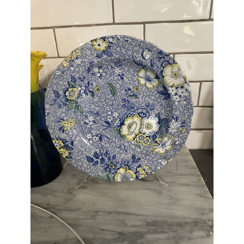 Spode Blue Chintz Dinner Plate White Blue & Yellow Flowers On Blue 10.5" Retired